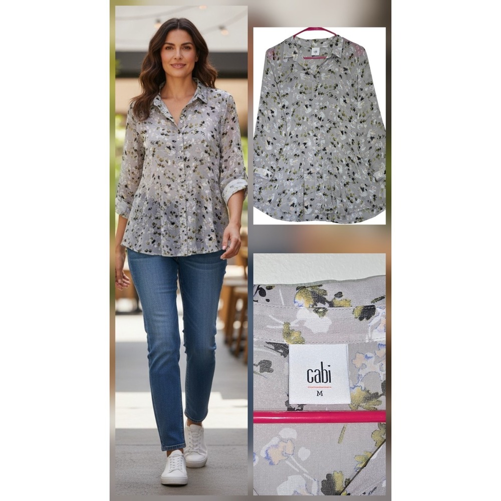 Cabi Gray Floral Button Down Blouse Top Size M 5204 Sheer Sleeve Watercolor